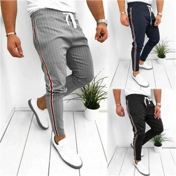 

2019 New Men's Casual Pants Ankle-Length Elastic Strap Striped Jogger Sports Fitness Sweatpants Long Pants