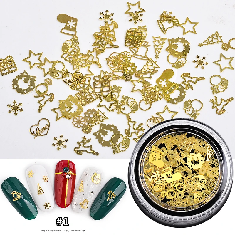Продукт! 1 коробка для ногтей, рождественский стиль, художественные металлические украшения для ногтей, смешанное Золотое колесо для нарезки ногтей, Ювелирное Украшение для ногтей