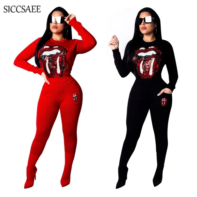 

2019 Spring Red Lips Sequins Two Piece Set Casual Outfits Moleton Feminino Tracksuit For Women Loose Sweat Suit Matching Sets