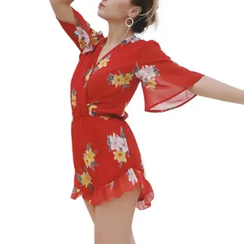 

summer floral print short sleeve ruffles women playsuit jumpsuit rompers beach style short overalls