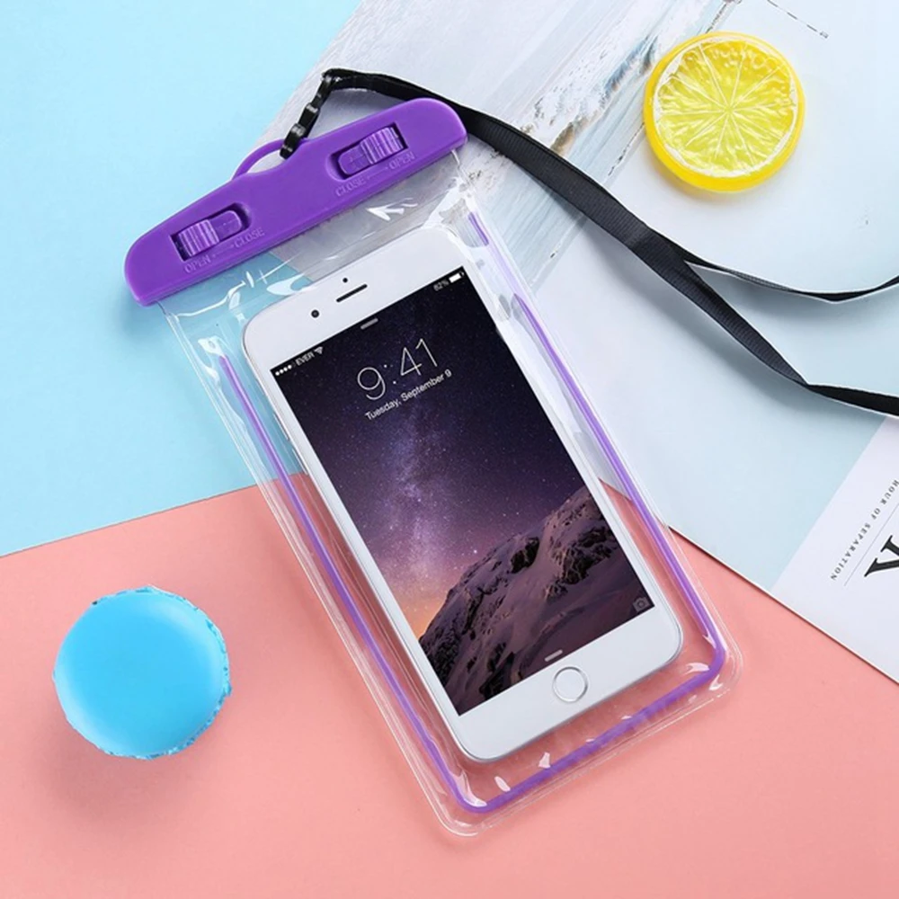 For iPhone 7 8 X Phone Bags Cases Luminous Waterproof Bag For xiaomi Mi A2 Outdoor Swimming Diving Waterproof Smartphone Case - Цвет: Purple