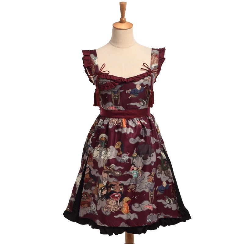 

Hyakki Yakou Clarkes World Japanese Women Black Lolita JSK Suspender Dress with Bow Tassel Decoration Blue/Red