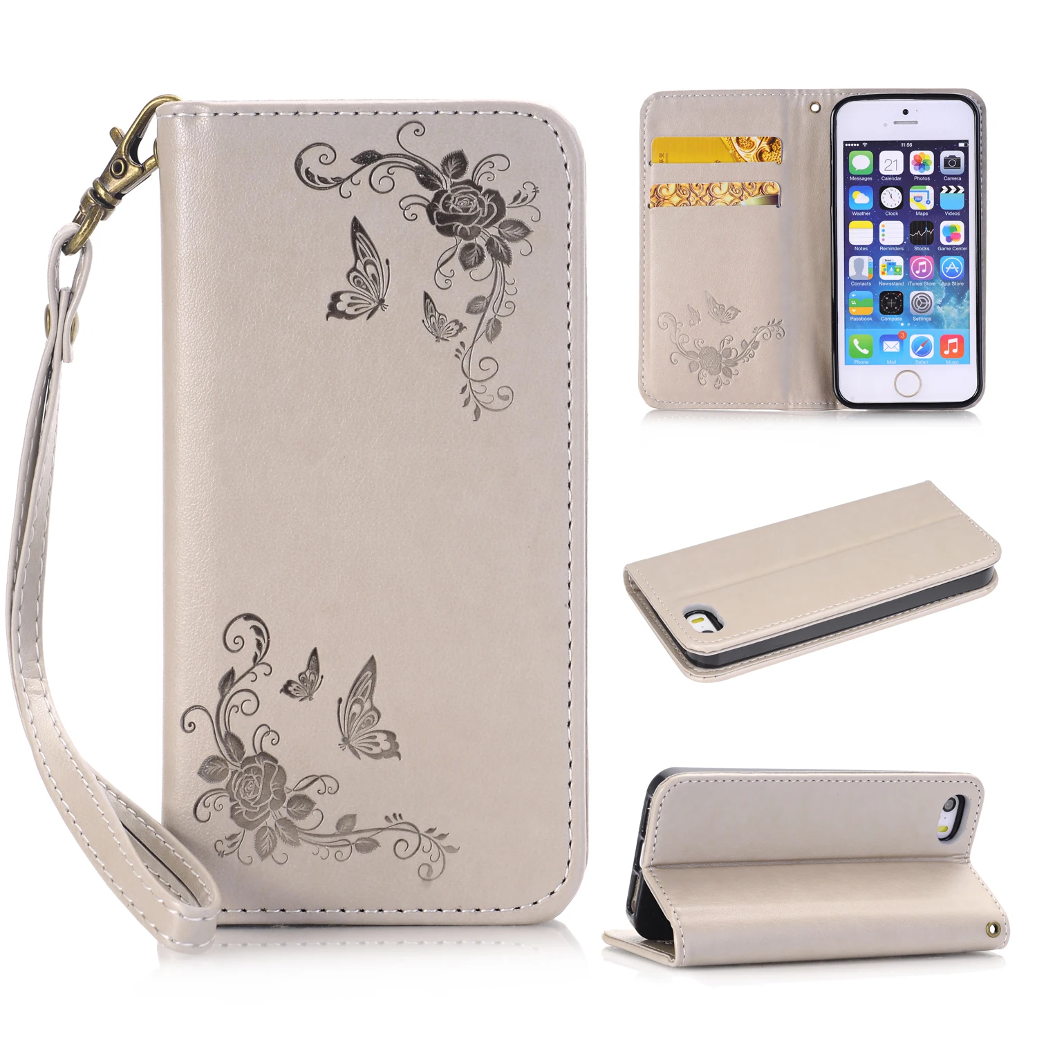 For iPhone 5 5S Fashion Flower Printing Luxury PU Leather Wallet Flip Cover Phone Case for iPhone SE Case with Card Slots Bag