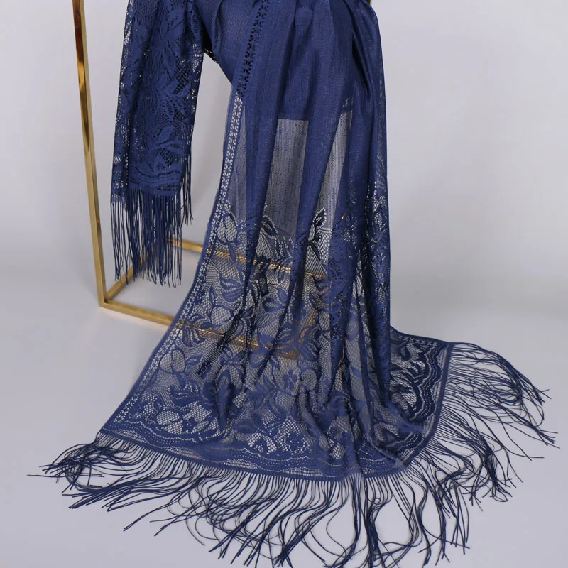 Женский модный темно-синий кружевной Цветочный шарф-шаль с кисточками, однотонный цветной шарф с лазерной гравировкой и цепочкой, женские шарфы 170*65 см