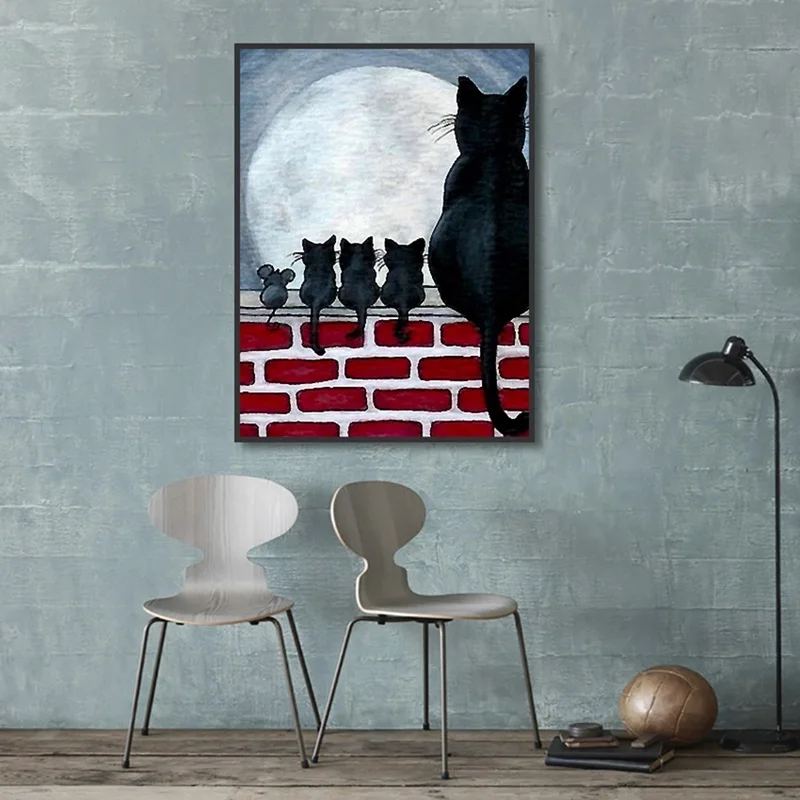 Черная кошка Мышь стены в искусстве милые Nordic животных холст для живописи Детская комната украшения оформлена мультфильм Северный плакат