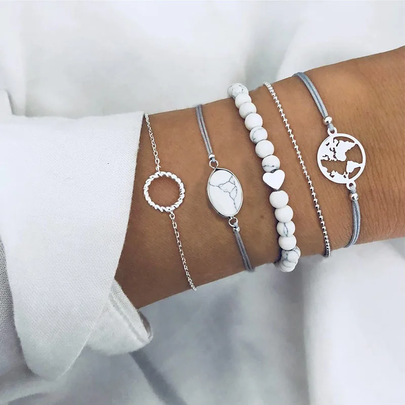 

7 Colors Beads Exquesite Alloy Bracelets Set Boho Oval Stone Infinite Heart 1Set Silver Earth Map Gifts Shell Golden Adjustable