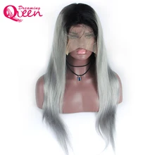 Dreaming Queen Hair Straight Ombre Color Wig 1B/Grey Full Lace Human Hair Wig with Dark Black Roots 100% Brazilian Remy Hair Wig