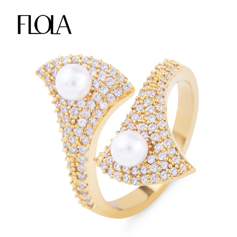

FLOLA Delicate CZ Gold Leaf Open Ring For Woman Ginkgo Biloba Pearl Ring Cocktail Party Fashion Jewelry Femme Aneis rigf36
