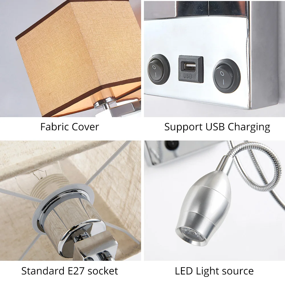  Modern Indoor LED Wall Lamp Bedside Bedroom Applique Sconce With Switch USB E27 Bulb Interior Headb - 32965613121