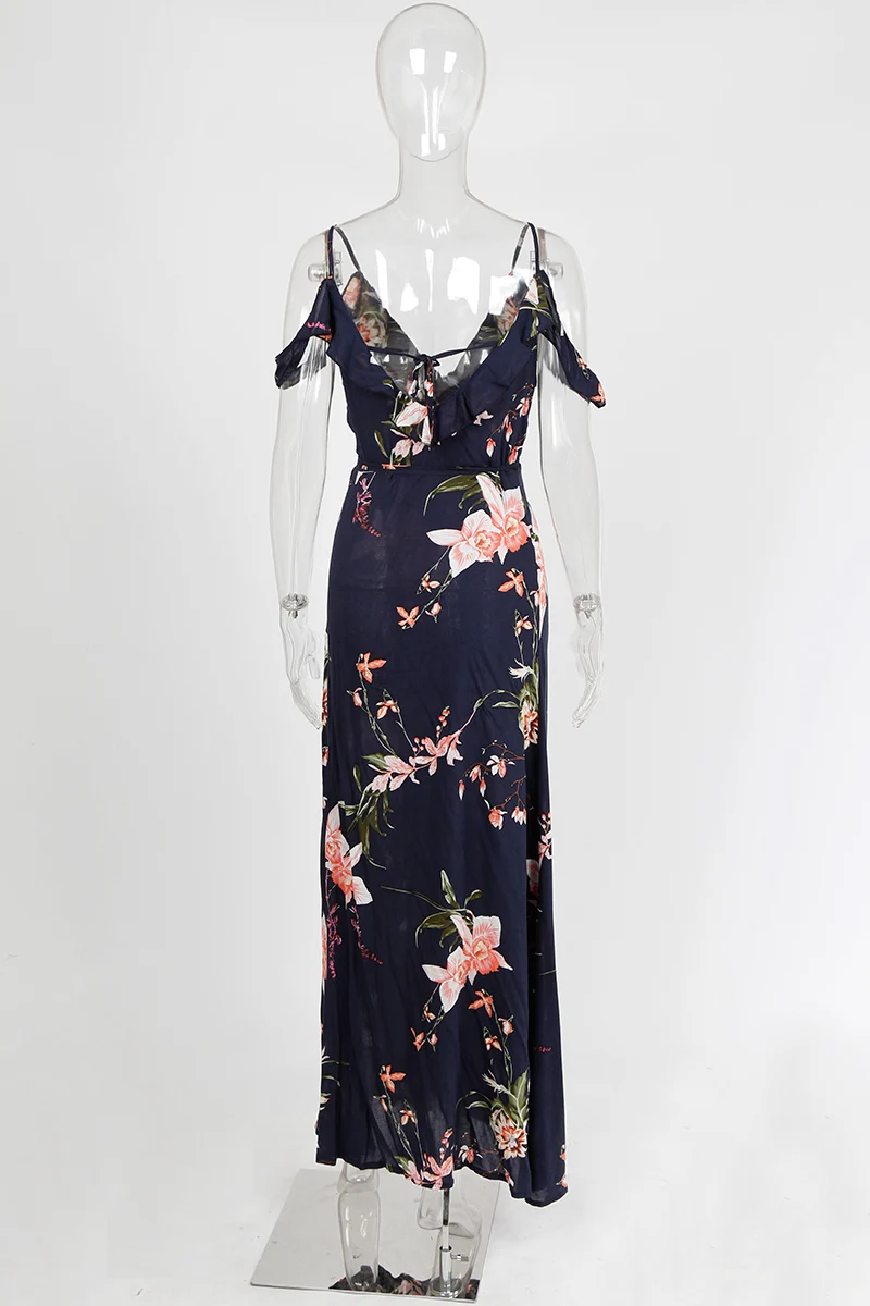 BONGOR LUSS Vintage Floral Print Women Long Bohemian Dress Wrap Casual Ruffle Frill V-Neck Short Sleeve Summer Beach Maxi Dress (3)