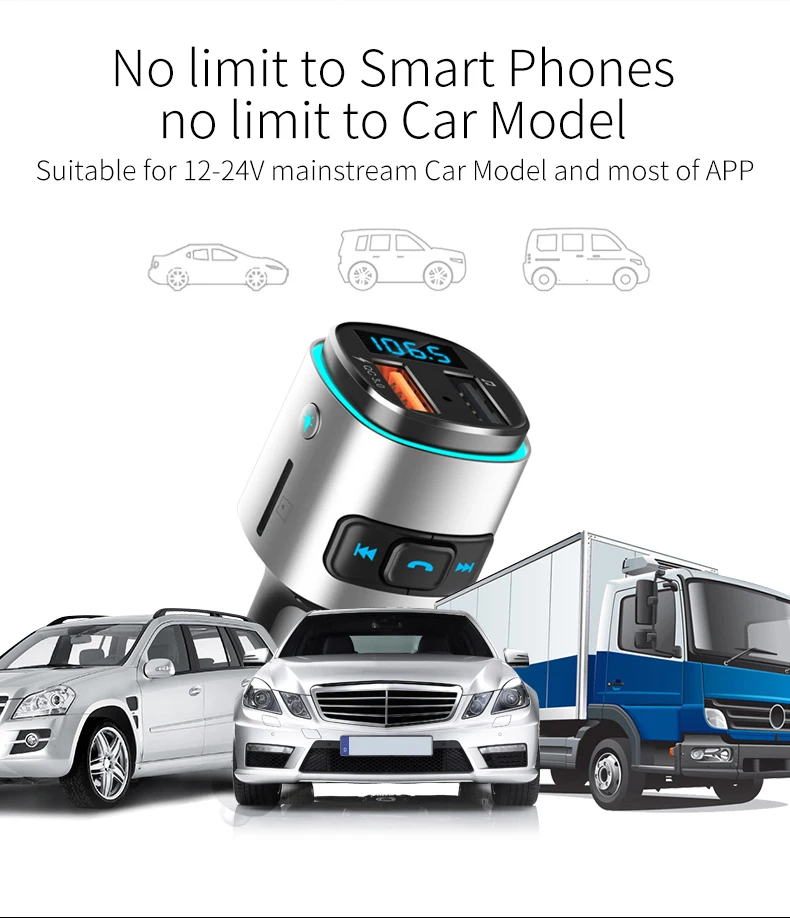 

Universal protable QC3.0 Quick mini Charge Adapter Fast USB Charger Bluetooth V4.2 Wireless MP3 Music Player Car FM Transmitter