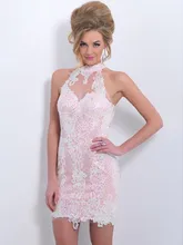 2016 New Hot Sale Fashion Popular Column Appliques High Neck Sleeveless Beading Short Mini Satin Party