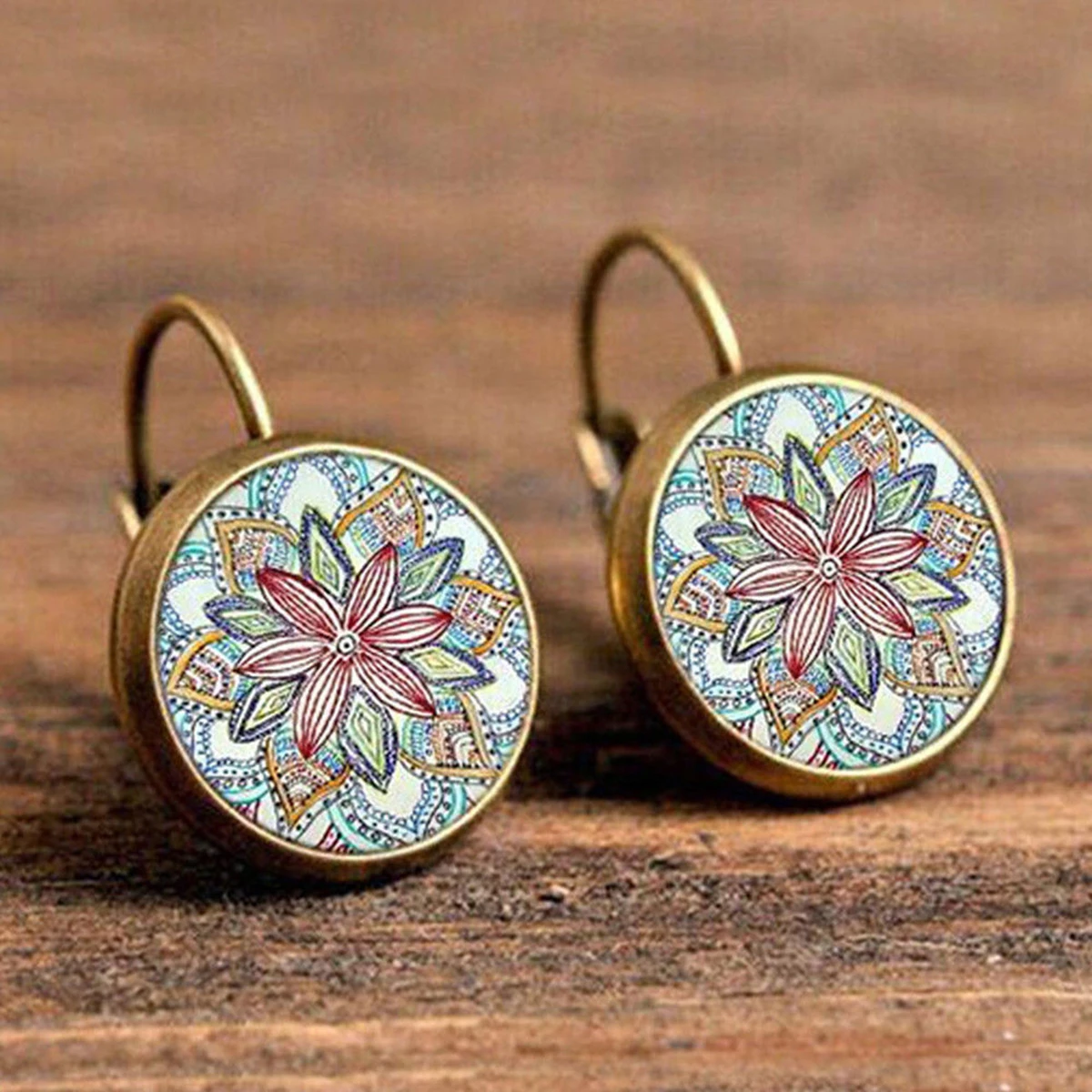 Vintage Colorful Round Flower Ear Stud Classical Retro Ethnic Stylish Earrings Unique Charming Women Jewelry Chic Accessories