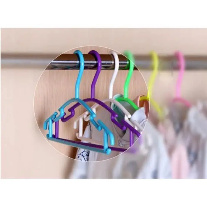 Liplasting 10pcs/lot Childrens Plastic Hangers Clothes Coat Trouser Bar Baby Toddler Kids 5 Colors Hook Household Organization