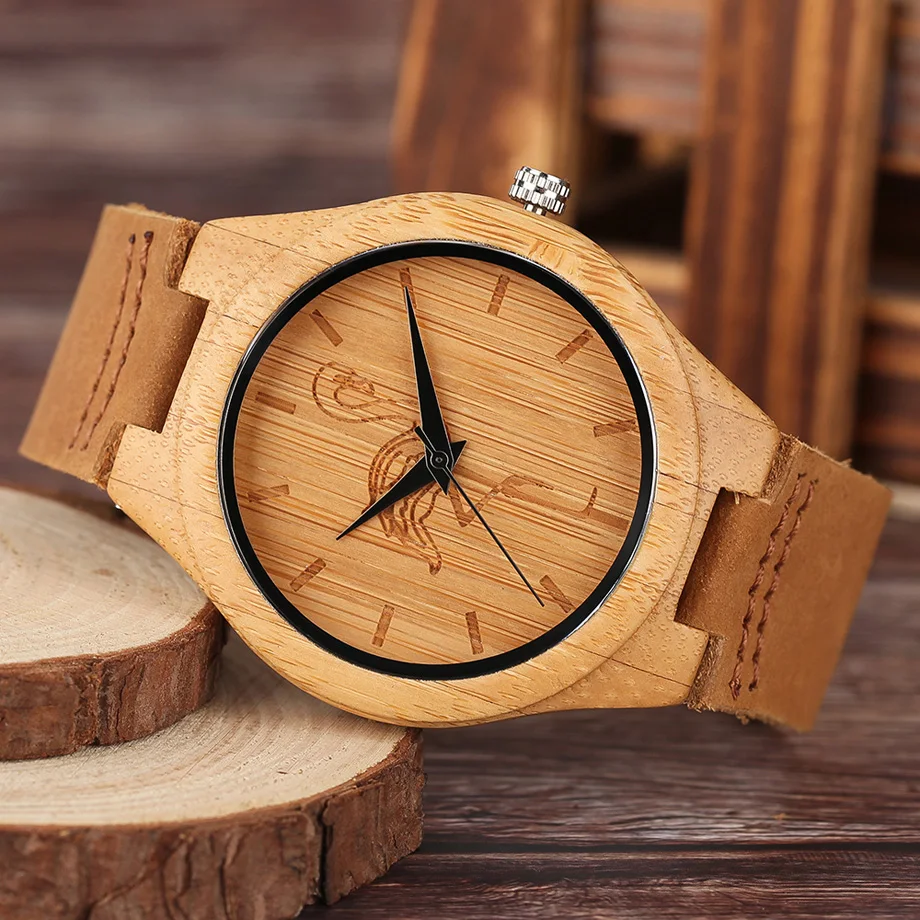 High Quality Men Wood Watch Natural Bamboo Wooden Handamde Lighweight Quartz Wristwatch CatDog Pattern Cute Animal Clock (9)