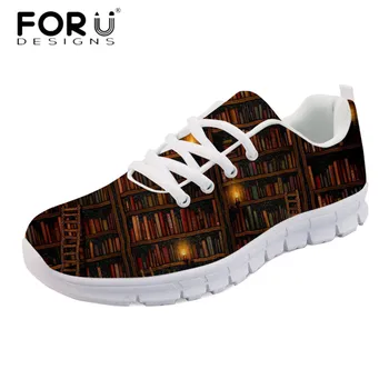 

FORUDESIGNS Fashion Girls Spring Walking Flats Vintage Booking Print Casual Comfortable Mesh Shoes Women's Light Weight Sneakers
