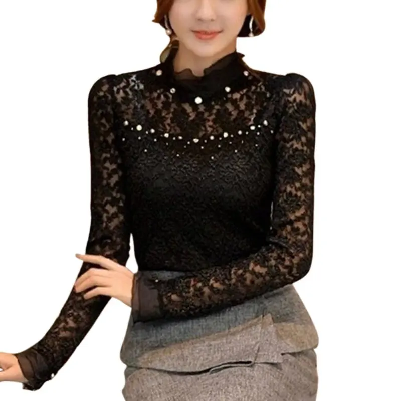 

Sexy Slim Shirt Femininas Blusas 2018 Women Blouses Spring Autumn Fashion Tops Lace Long Sleeve Leisure Black/White