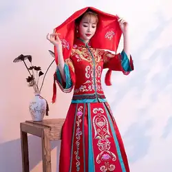 Невесты Cheongsam платье традиционный с длинным рукавом китайский свадебное Qipao красный Восточный стиль платья для женщин для Феникс выш