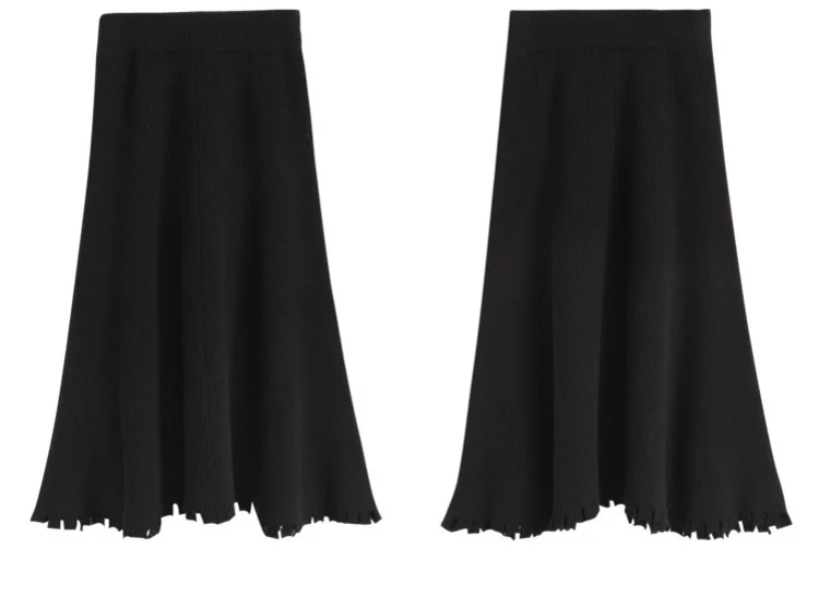 KUOSE Женская винтажная Легкая трикотажная юбка трапециевидной формы до колена нерегулярный край юбки черный