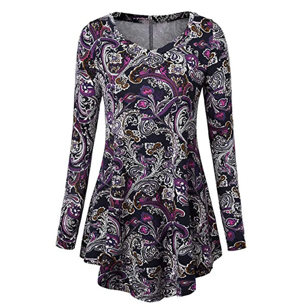 

Plus Size 2XL 2019 Vintage Women V-Neck Printing Long Sleeve Blouse Top Tunic Shirt Bohemian style Long Tee Shirts Women Clothes