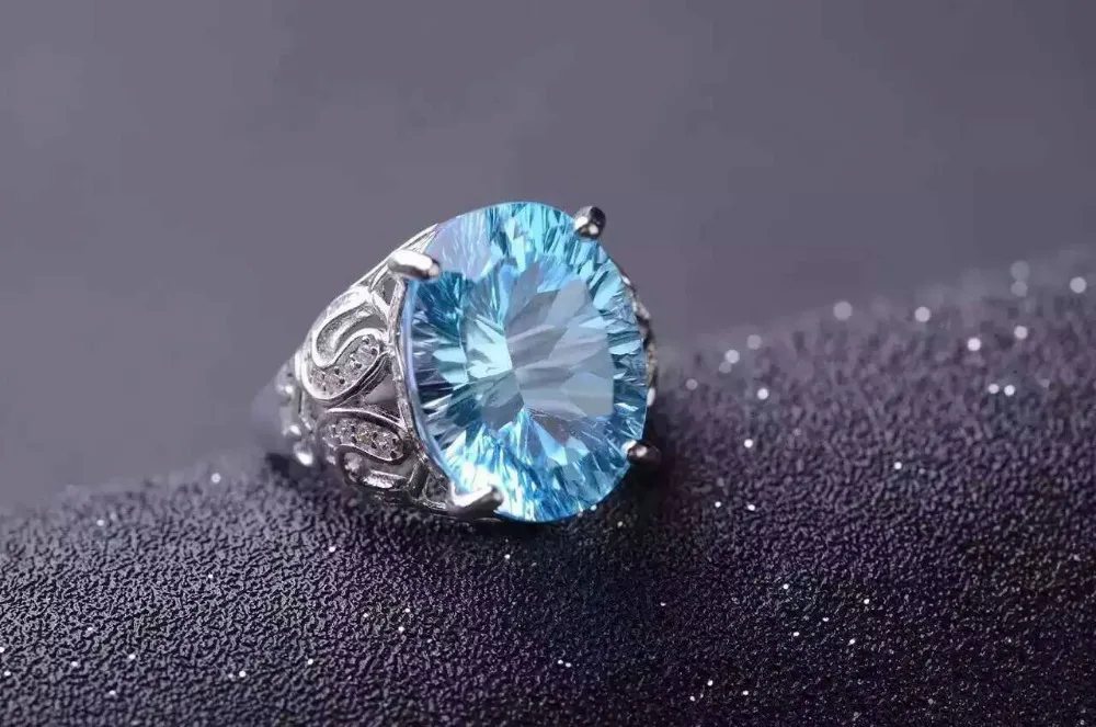Женское кольцо из серебра 925 пробы с натуральным голубым топазом|gemstone jewelry|gemstone