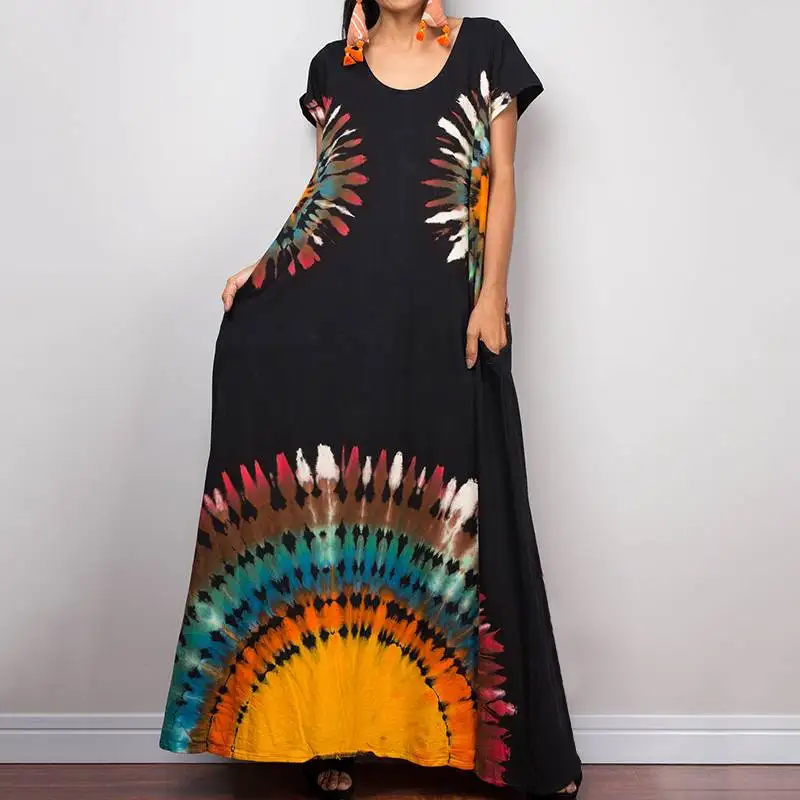 Plus Size Celmia Women Vintage Print Dress Summer Maxi Long Sundress Short Sleeve Casual Loose Beach Vestidos Robe Femme