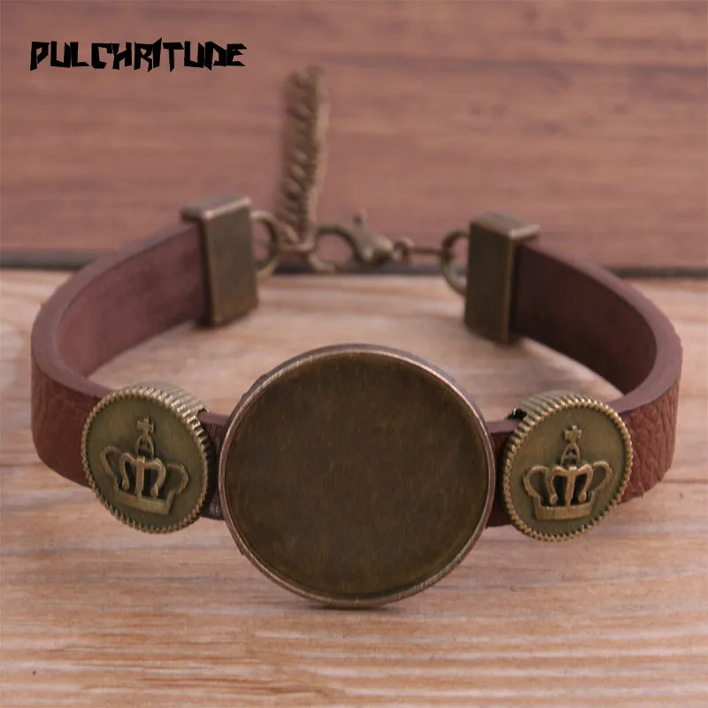 

1pcs 6 Color PU Bracelet Bronze Crown Base Setting Cuff Blank Trays Brazel Fit 25mm Glass Cameo Dome Cabochon DIY Jewelry
