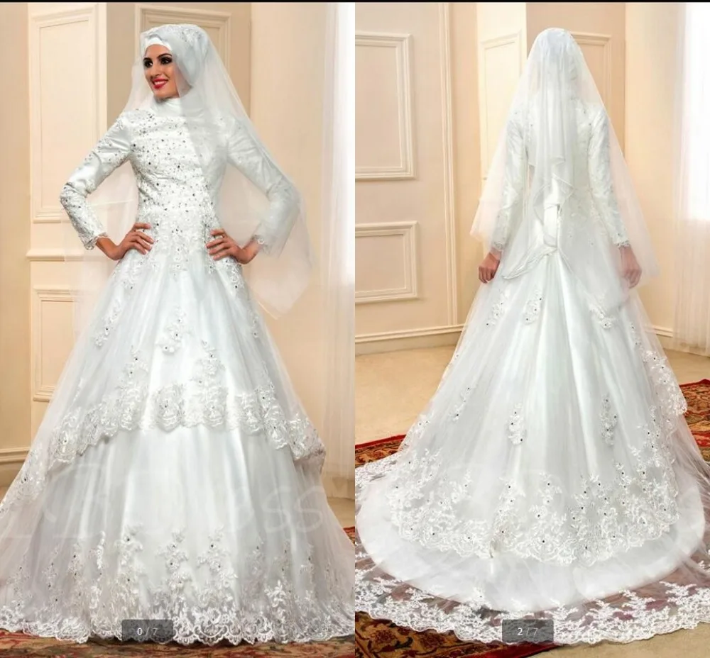

2017 muslim lace appliques a line high neck wedding dress Arabic women beading sequins long layered bride dress hot sale