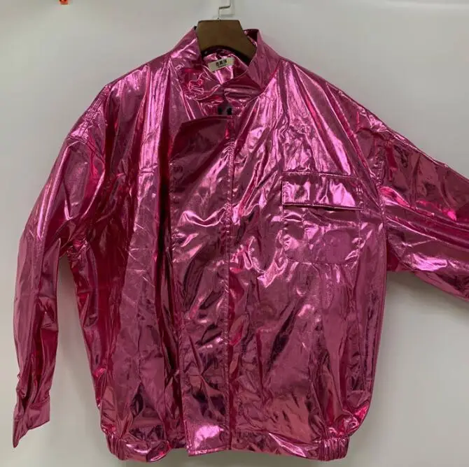 2019 Spring Women Casual Metal Batwing Sleeve Bomber Jacket Pink Silver Hip Hop Punk Loose Coat
