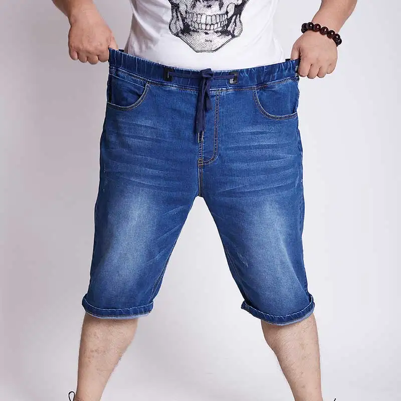 Men's High Waist Denim Shorts Drawstring Stretch Loose Straight Short