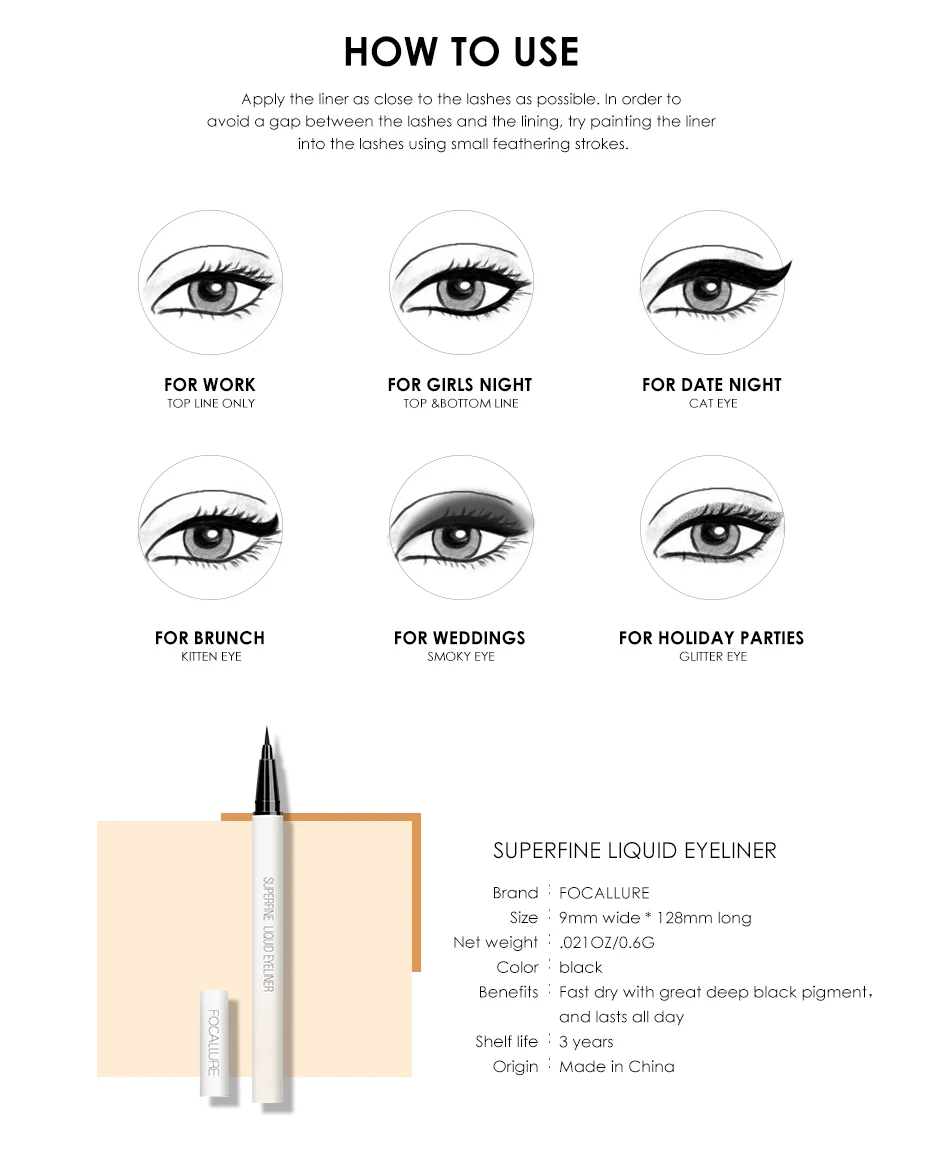 FOCALLURE черный жидкий карандаш для глаз водостойкий 24 часа стойкий макияж глаз Гладкий легко носить подводка для глаз ручка