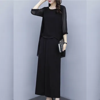 

Women Chiffon O-Neck Pockets Plus Size Two Piece Set Solid Loose Stripes Mesh Women's Set