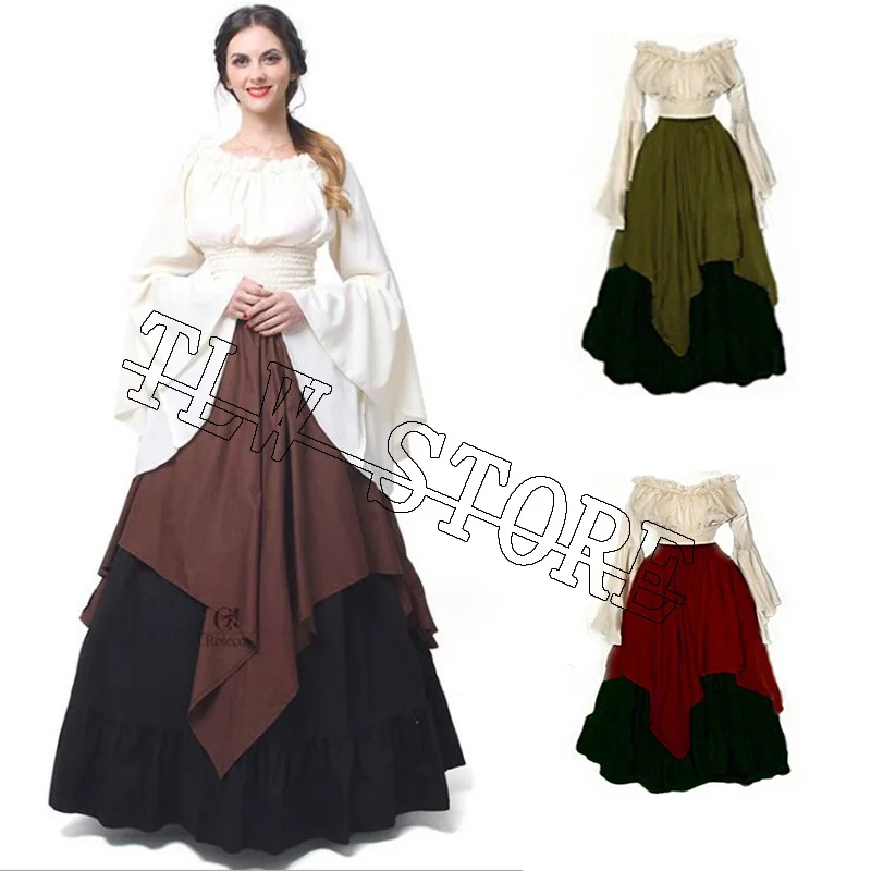 

Woman's Retro Costume Renaissance Medieval Long Dresses Green Gothic Ruffle Skirt Long Halloween Evening Costume