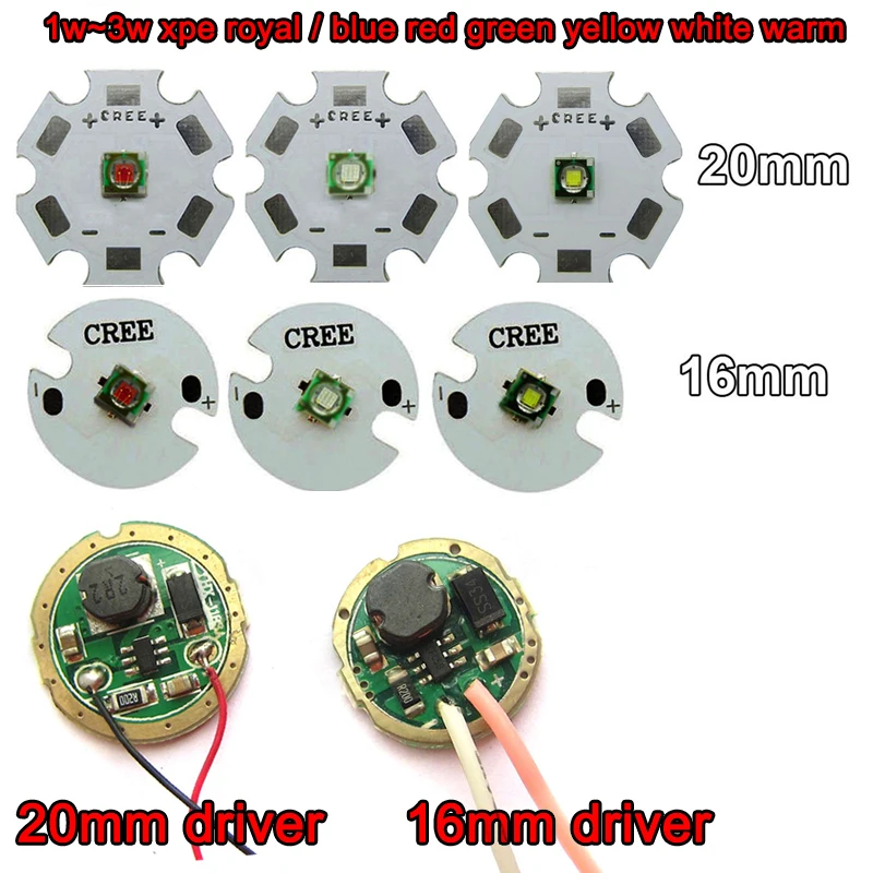 

1pcs Cree XLamp XPE XP-E 1W-3W Red Green Royal Blue Yellow Cool / Warm White LED light+ 20mm / 16mm base + 3V 3W 5W LED Driver