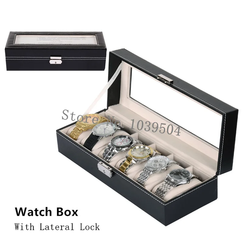 

Lateral Lock 6 Grids Brand Watches Box Black Leather Display Box With Key Fashion Storage Watch And Jewelry Gift Boxes D0167