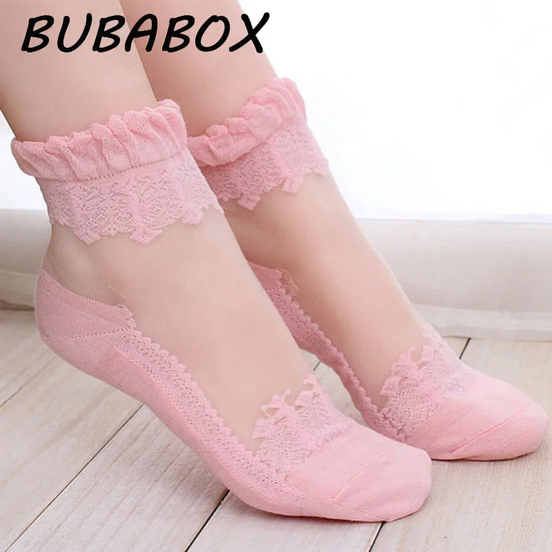 

1 Pair New Style Women Fashion Cotton Lace Detail Transparent Silk Sock
