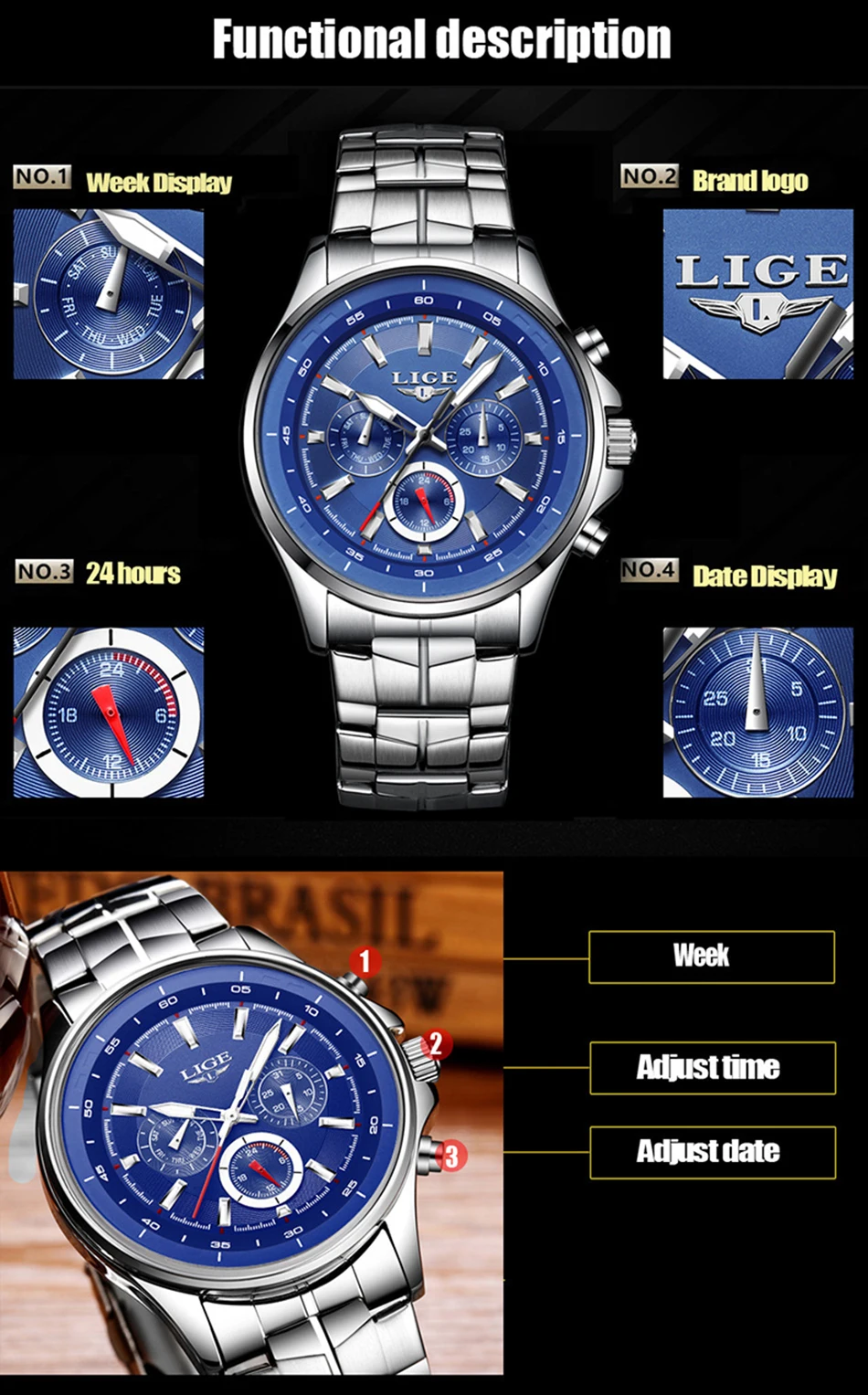 LIGE мужские часы лучший бренд класса люкс Бизнес водонепроницаемые кварцевые часы мужские модные спортивные полностью стальные часы Relogio Masculino+ коробка