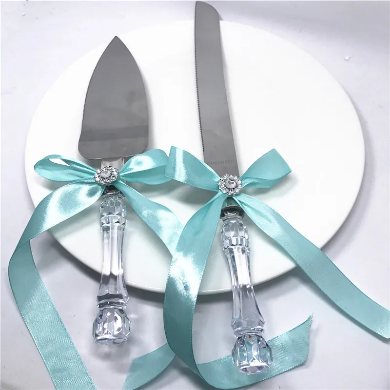 Free Shipping 2pcs Set Handmade Wedding Stainless Steel Cake Knife Free Shipping 2pcs Set Handmade Wedding Stainless Steel Cake Knife Tiffany Ribbon Handle Shovel Birthday Party Decors In Decorating Supplies