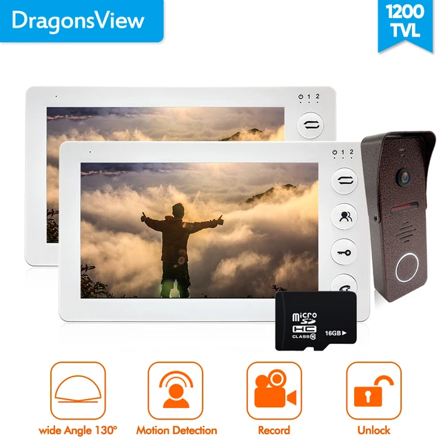 $163.43 Dragonsview White Video Intercom Door Phone Doorbell Camera Wide Angle 130 Degree 2.3mm 16GB SD card 2 Monitors  1 Outdoor Panel