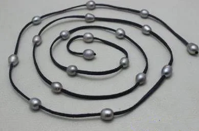 

Fashion Lady's Jewelry 19Bead Gray Leather Freshwater Pearl Necklace 48'' Handmade Necklace No Metal