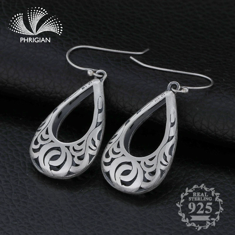 

NOT FAKE Earrings 925 Sterling silver S925 Water drop drip big hollow pure women lady authentic Thai Silver Vintage
