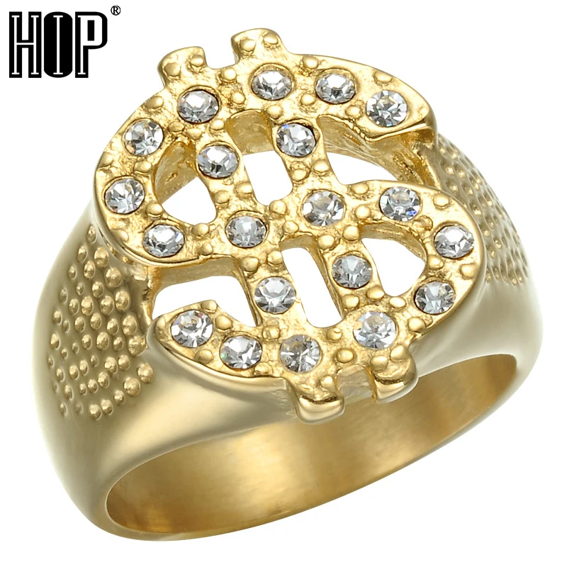 

HIP Hop Rock Iced Out Bling Gold Color Titanium Stainless Steel US Dollar Sign Signets Rings for Men Jewelry For Gift