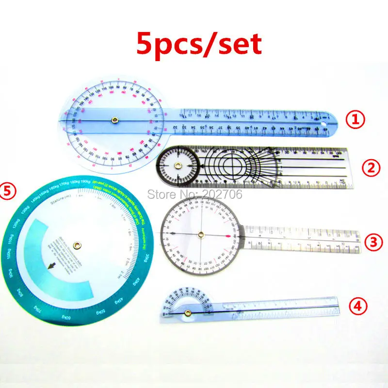 5 типов/набор сочетание медицинский Гониометр пластиковые транспортиры Угловые линейки BMI линейка