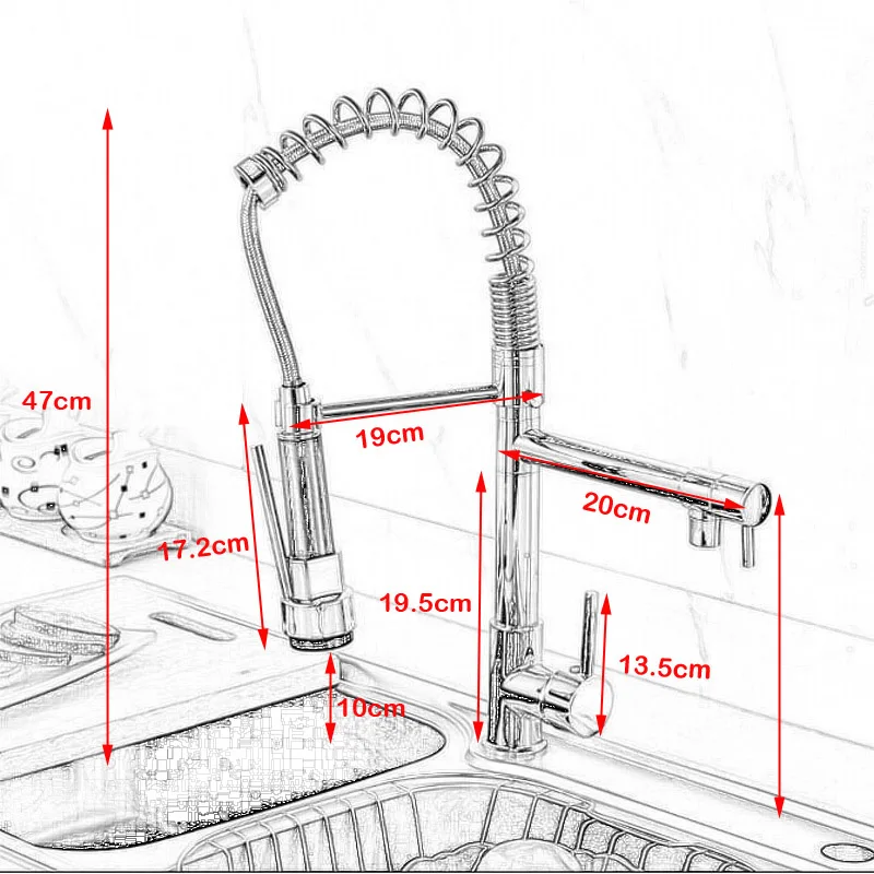 Пружинный вытяжной кухонный смеситель, кран на бортике с двойным носиком, кран для кухонной раковины, краны, хромированная отделка, ручной опрыскиватель, душевая головка
