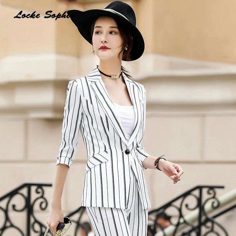 1pcs Women's Plus size Blazers coats 2019Summer cotton blend stripe Middle sleeve Small Suits jackets ladies Skinny Blazers Suit