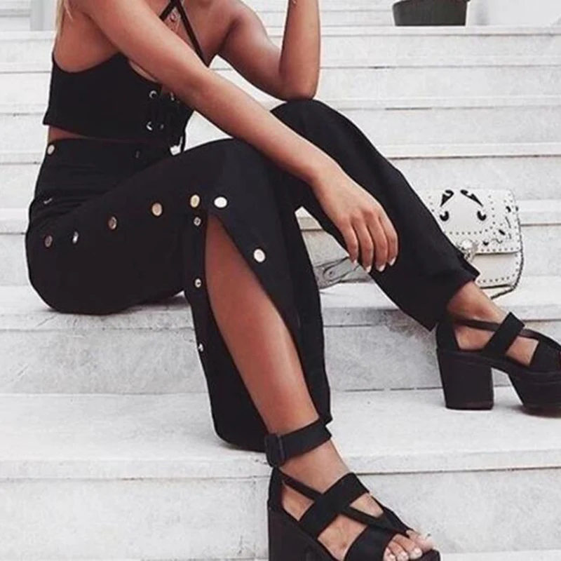 

Side Buttons Wide Leg Pants For Women Split Pants Casual Elastic Waist Long Trousers