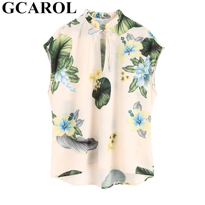 

GCAROL 2019 Summer Tropical Floral Print Shirt Sleeveless Stand Collar Tie Up Asymmetric OL Blouse Streetwear Chiffion Tops