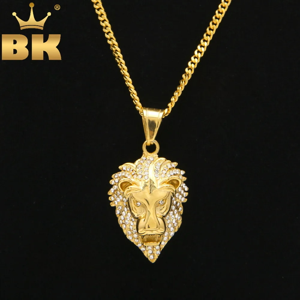 

60cm Length Cuban Hip Hop Lion Head Pendant Necklace For Men Luxury Iced Out Cz Simulated Diamonds Stainless Steel Male Jewelry