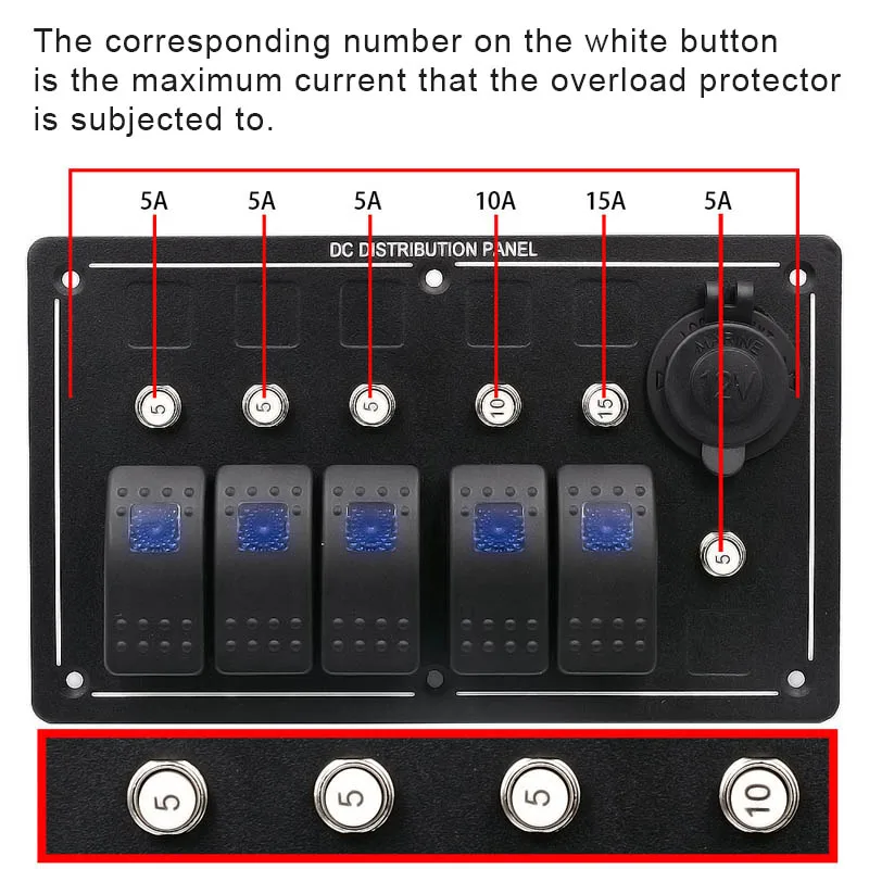 

2018 New 3 PIN Single Lamp 5 Gang Rocker Metal Switch Panel with Cigarette Lighter Socket for Car Motorcycle Vehicle CSL88