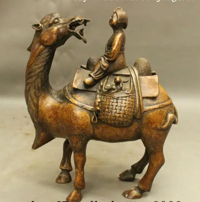 

S01678 Chinese Bronze Culture The Silk Road Woman Itinerant Trader Riding Camel Statue